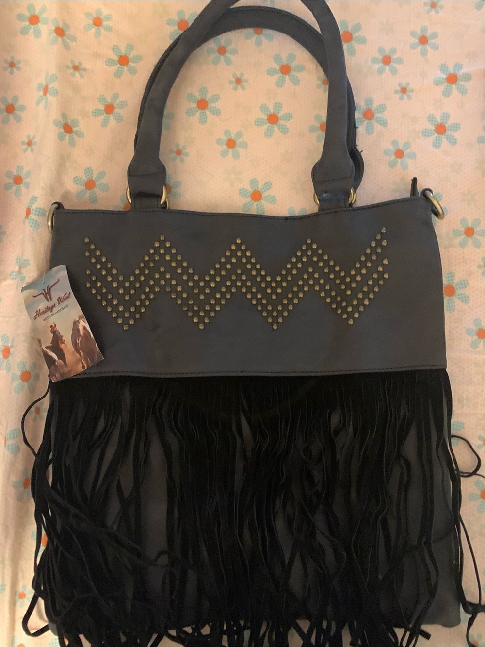 Heritage West Fringe Tote Bag with Studded Chevron Detail - Black